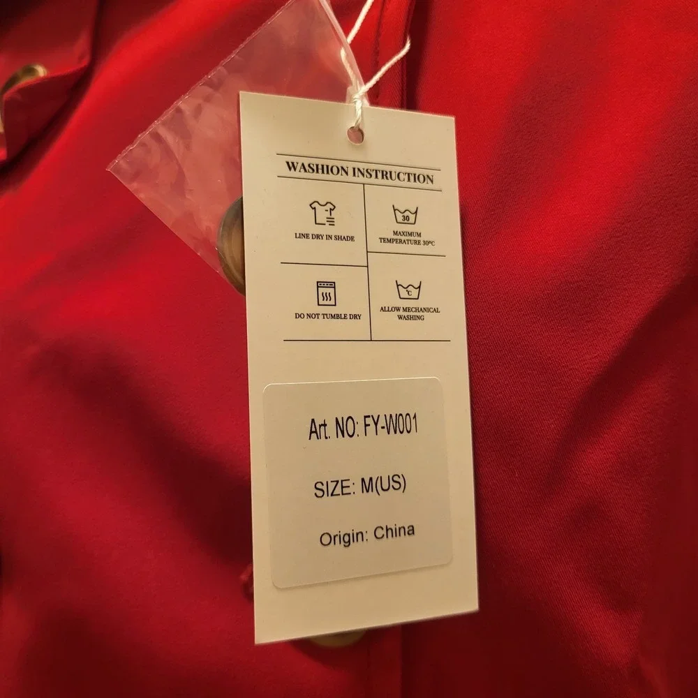 CREATMO US Women's Dress Coats Double-Breasted Trench Coat with Belt Red Size M